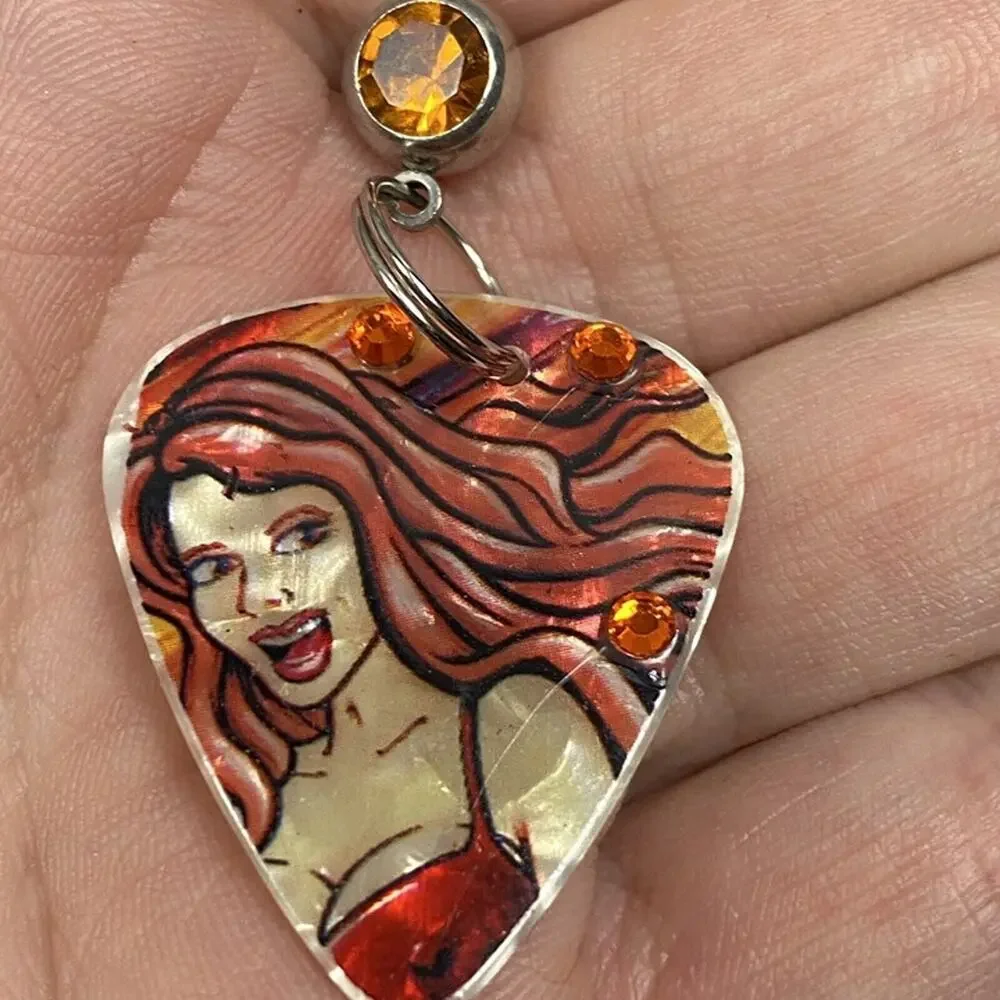 Handmade Pearlescent Redhead Pinup Girl Guitar Pick Belly Ring Rhinestone